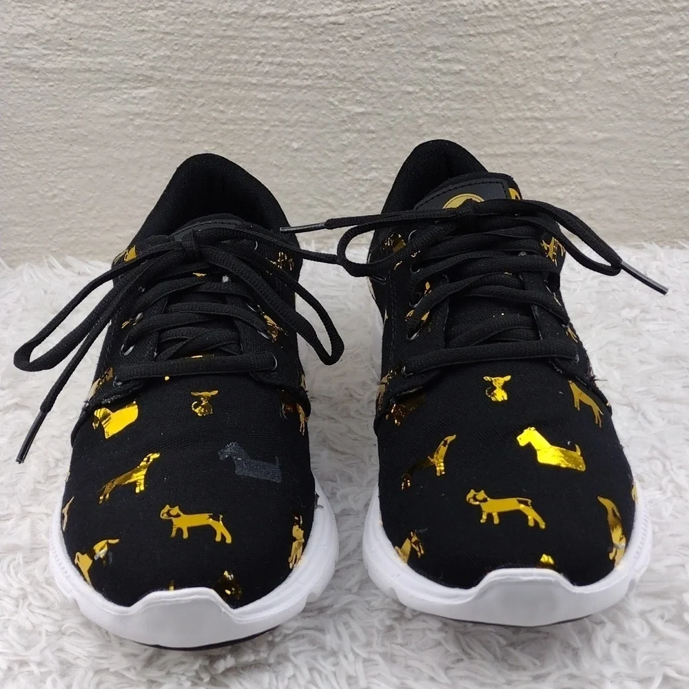 Inkkas FlexAires Black Gold Puppy  DesignCanvas Round Toe Lace Up Sneaker Shoe